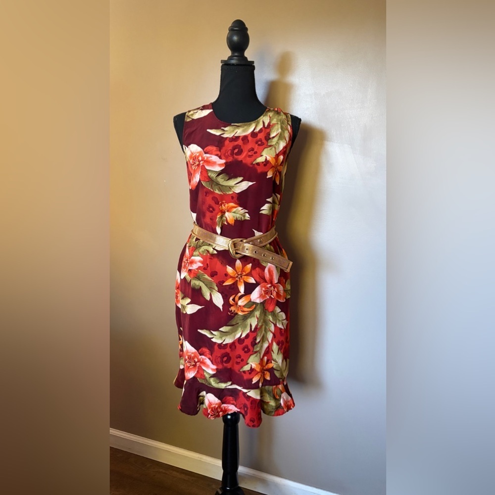 Vintage CHICO’S silk tropical shift dress resort vacation ruffle hem size 1